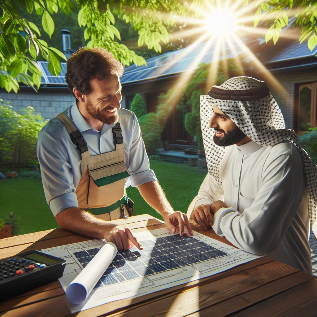 A friendly solar panel installation expert discussing options with a homeowner in a sunny backyard
