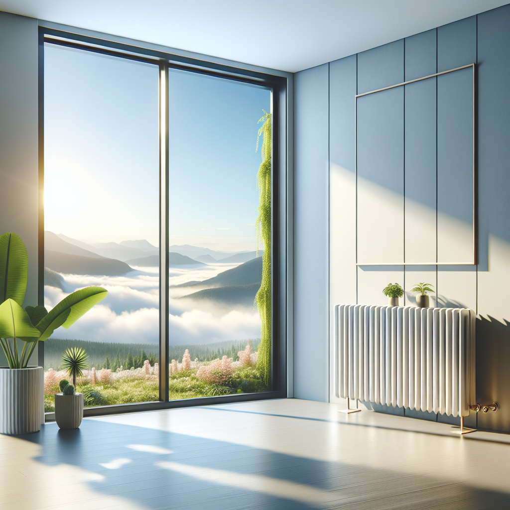 A stylish modern low radiator installed under a window with a beautiful view outside