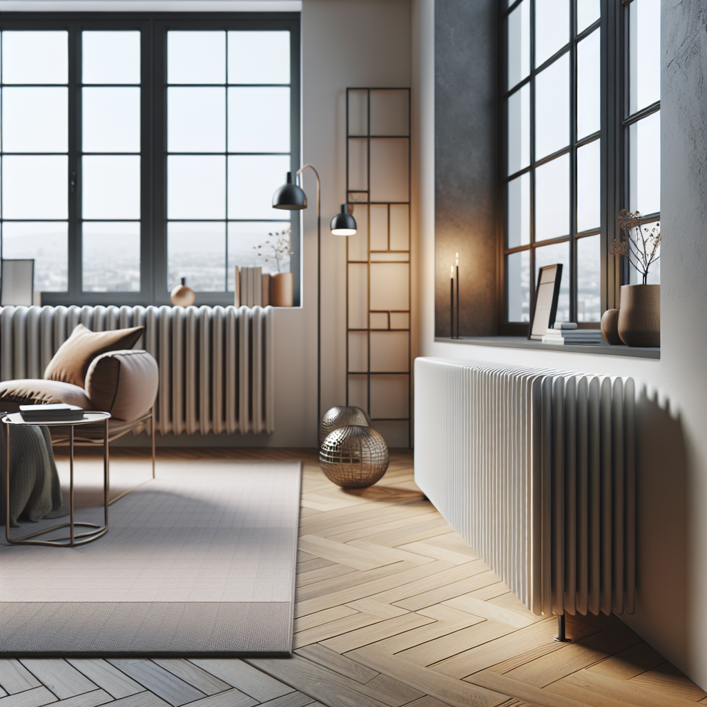 A stylish low radiator installed under a window with modern interior design elements