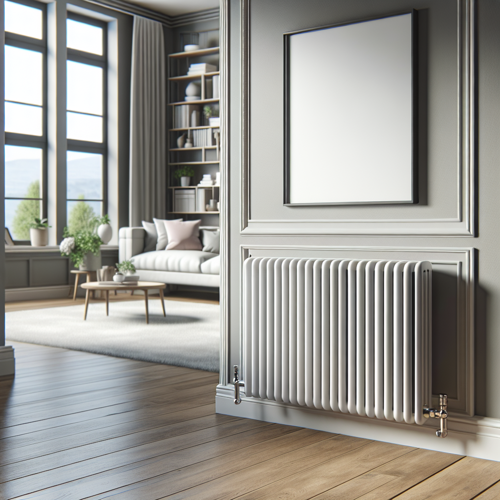 A modern low-profile radiator installed under a window in a stylish living room