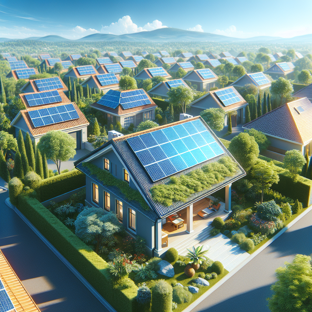 A vibrant solar panel installation on a residential roof with a clear blue sky and green surroundings
