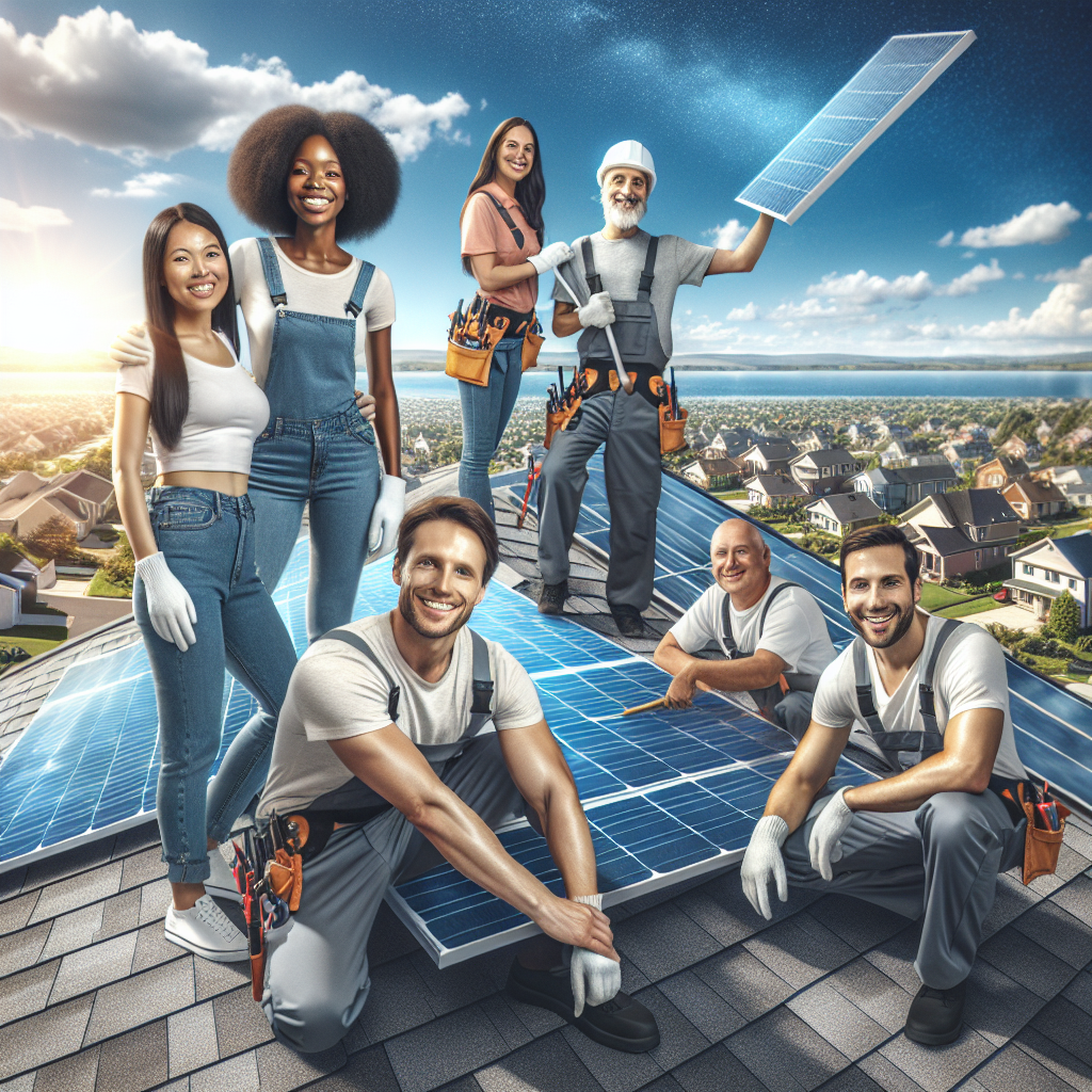 A friendly local solar company team working on a rooftop installation with solar panels and a beautiful blue sky