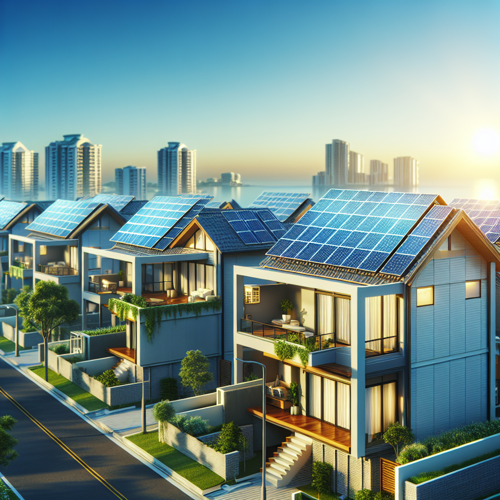 A solar panel installation on a residential roof with a clear blue sky in the background