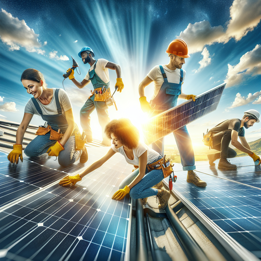 A professional solar installation team working on a rooftop with solar panels under a bright sunny sky