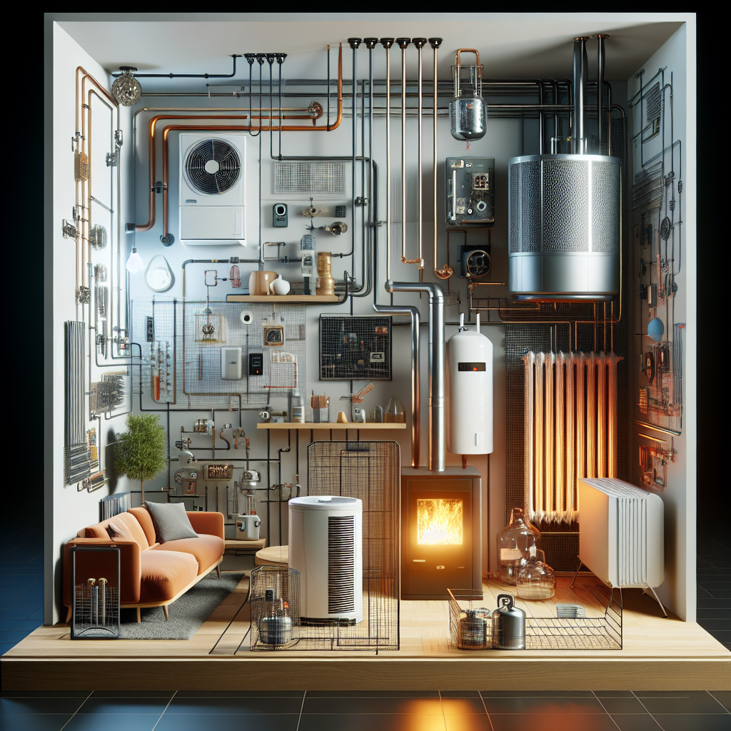 A modern heating system installation in a home setting, showcasing various types of heating systems like gas, oil, and heat pumps