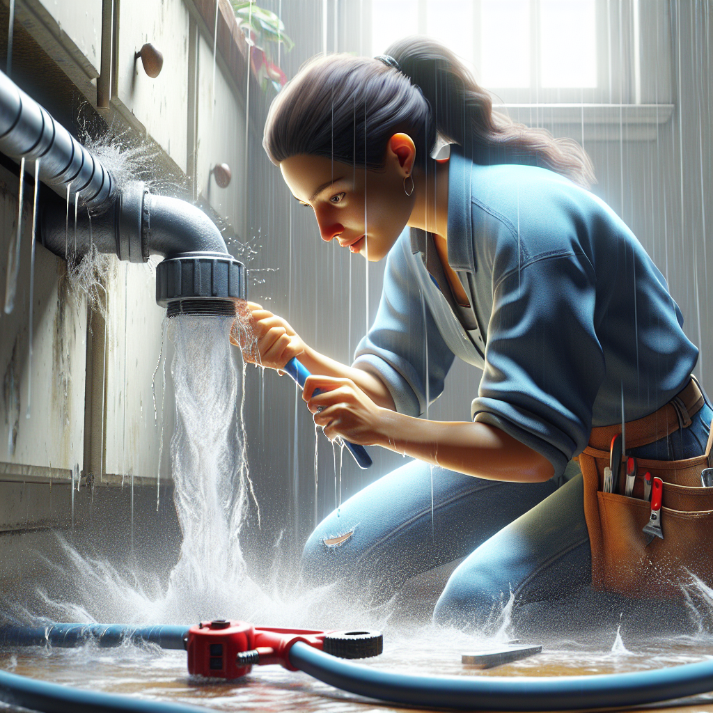 A plumber in action fixing a burst pipe with water spraying everywhere in a home setting