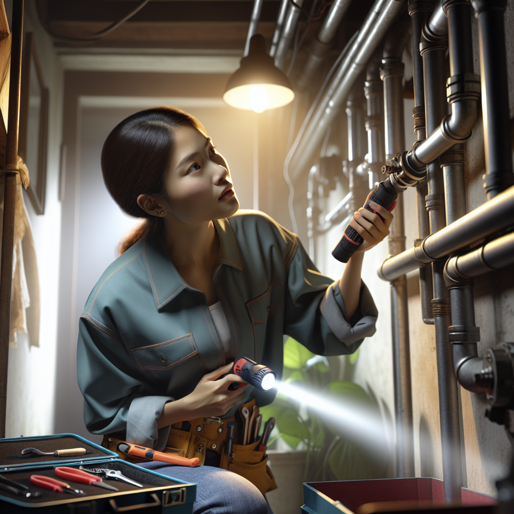 A plumber inspecting pipes for leaks in a home setting