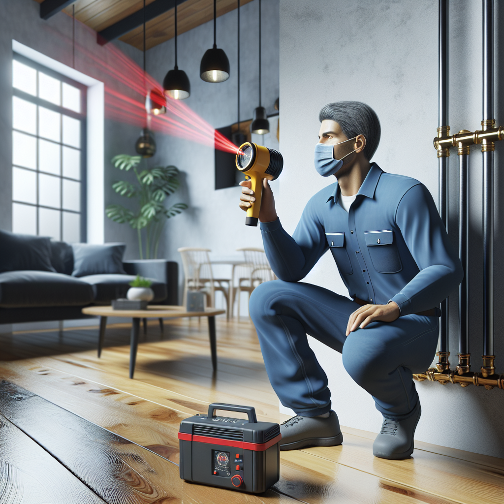 A professional plumber inspecting pipes with a high-tech leak detection device in a modern home setting