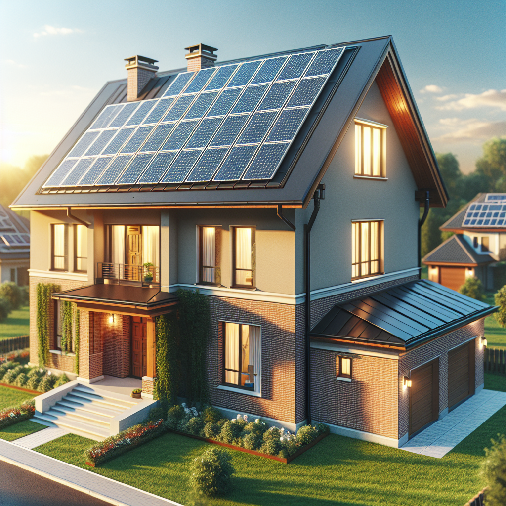 A sunny rooftop with solar panels installed on a residential house in a suburban area