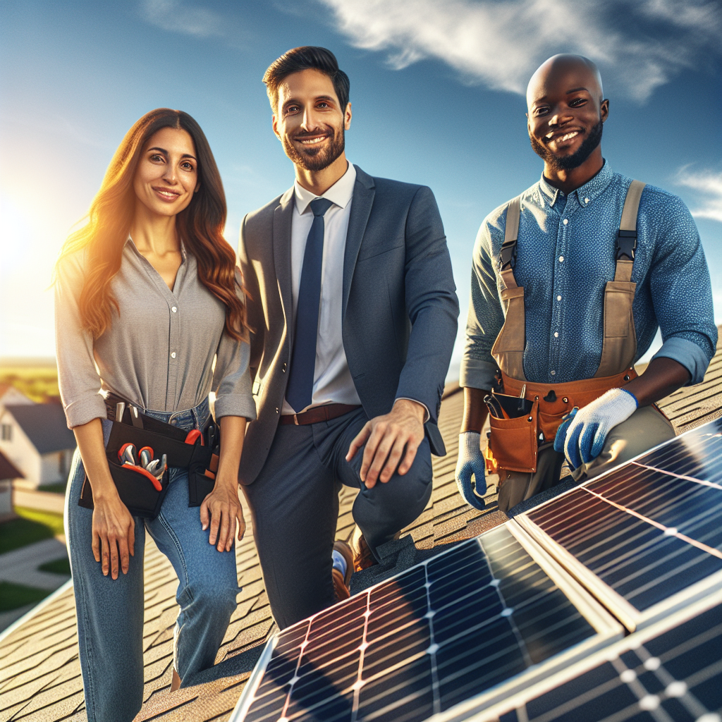 A friendly solar panel installation team working on a residential roof with beautiful blue skies in the background