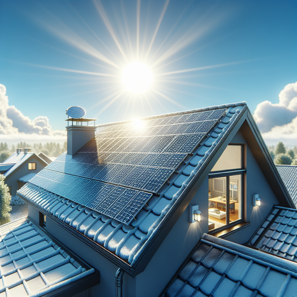 A modern solar panel installation on a house roof with sunlight shining