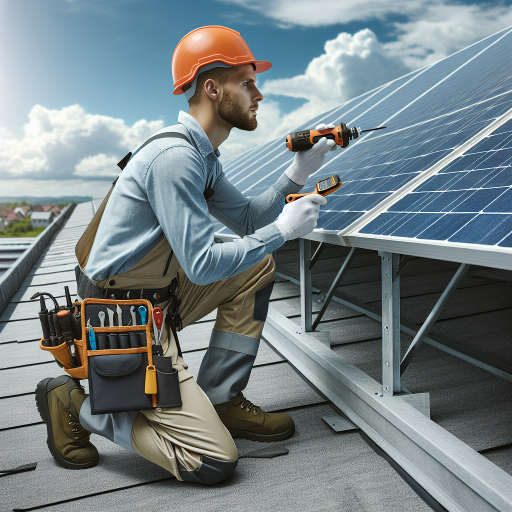 A technician inspecting solar panels on a rooftop with tools in hand