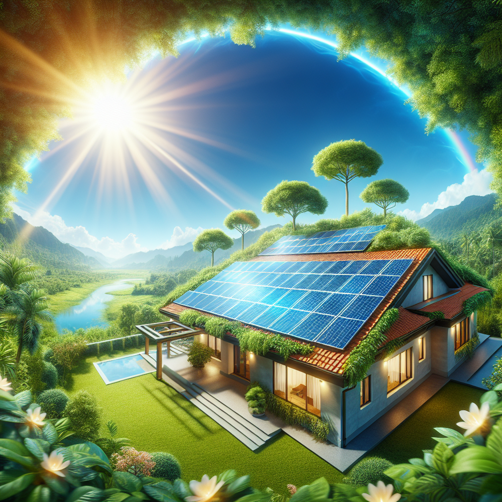 A beautiful solar panel installation on a sunny roof with blue sky and green surroundings
