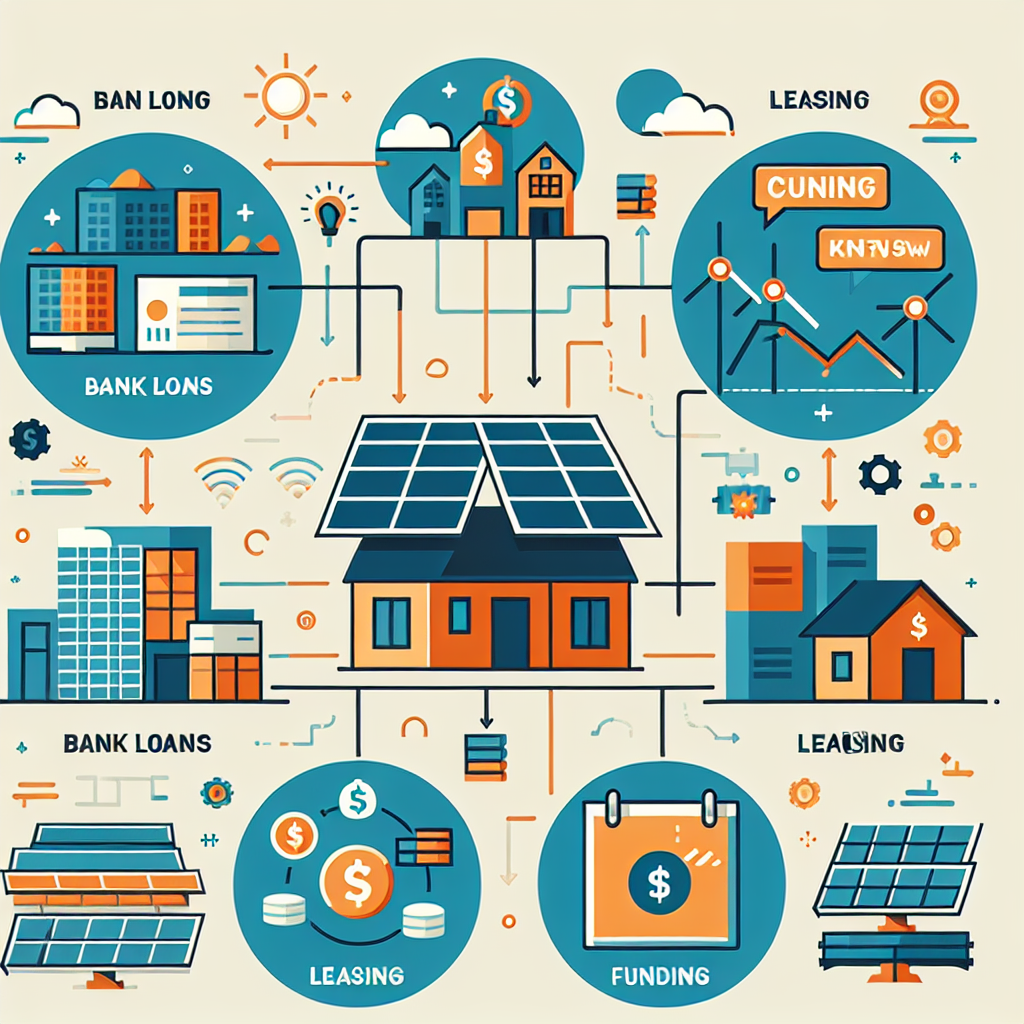 A detailed infographic showing different financing options for photovoltaic systems including bank loans, leasing options and KfW funding
