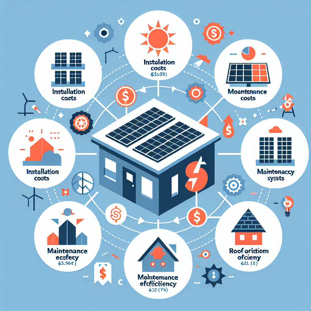 Infographic showing the cost factors of installing a photovoltaic system with icons for installation costs, maintenance costs, module efficiency and roof orientation