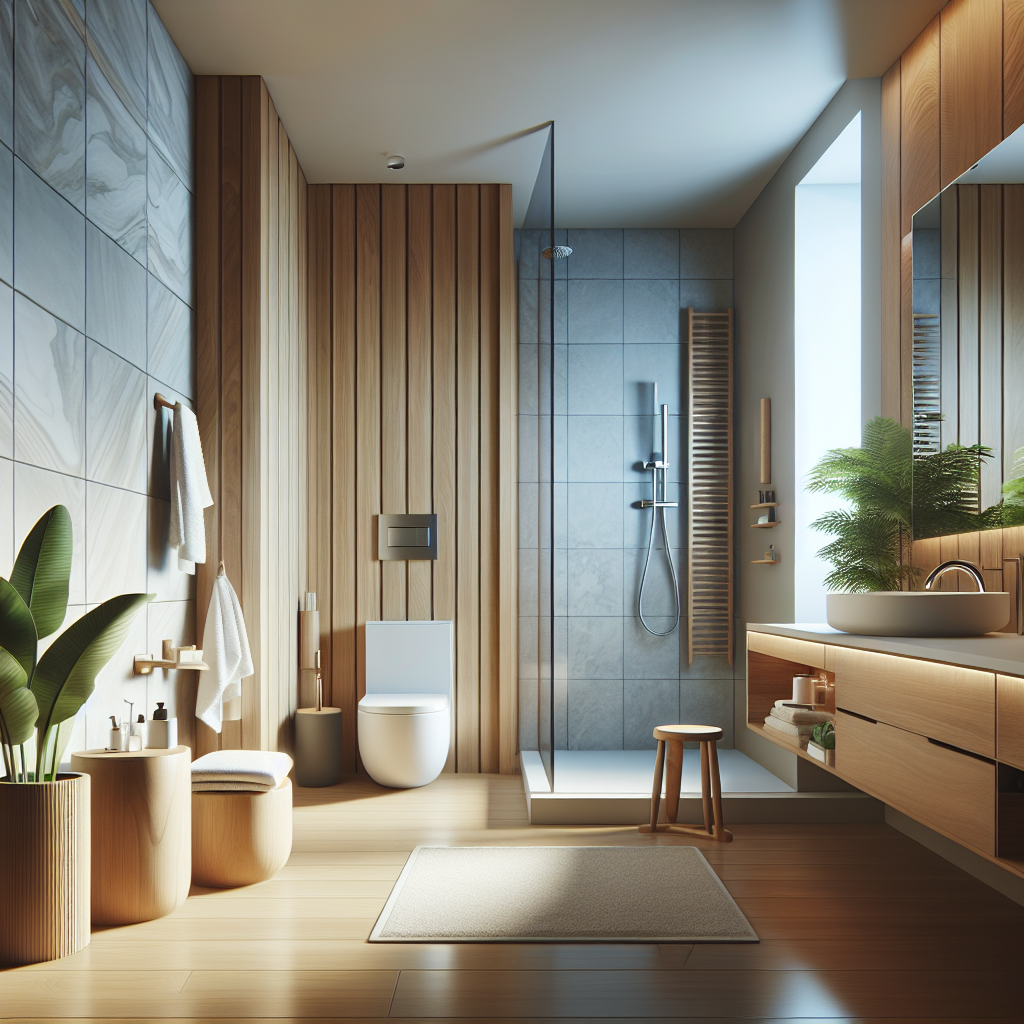 A modern bathroom interior showcasing natural materials like wood and stone, with minimalist design elements and smart technology features.