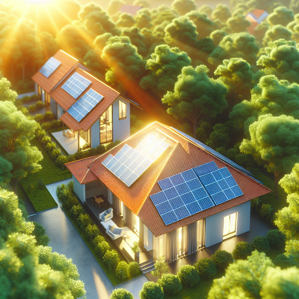 A sunny rooftop with solar panels installed, showcasing a modern home with greenery around