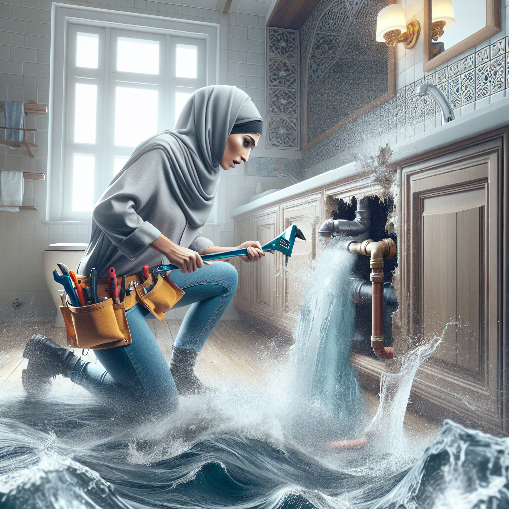 A plumber fixing a burst pipe in a modern bathroom with water splashing around