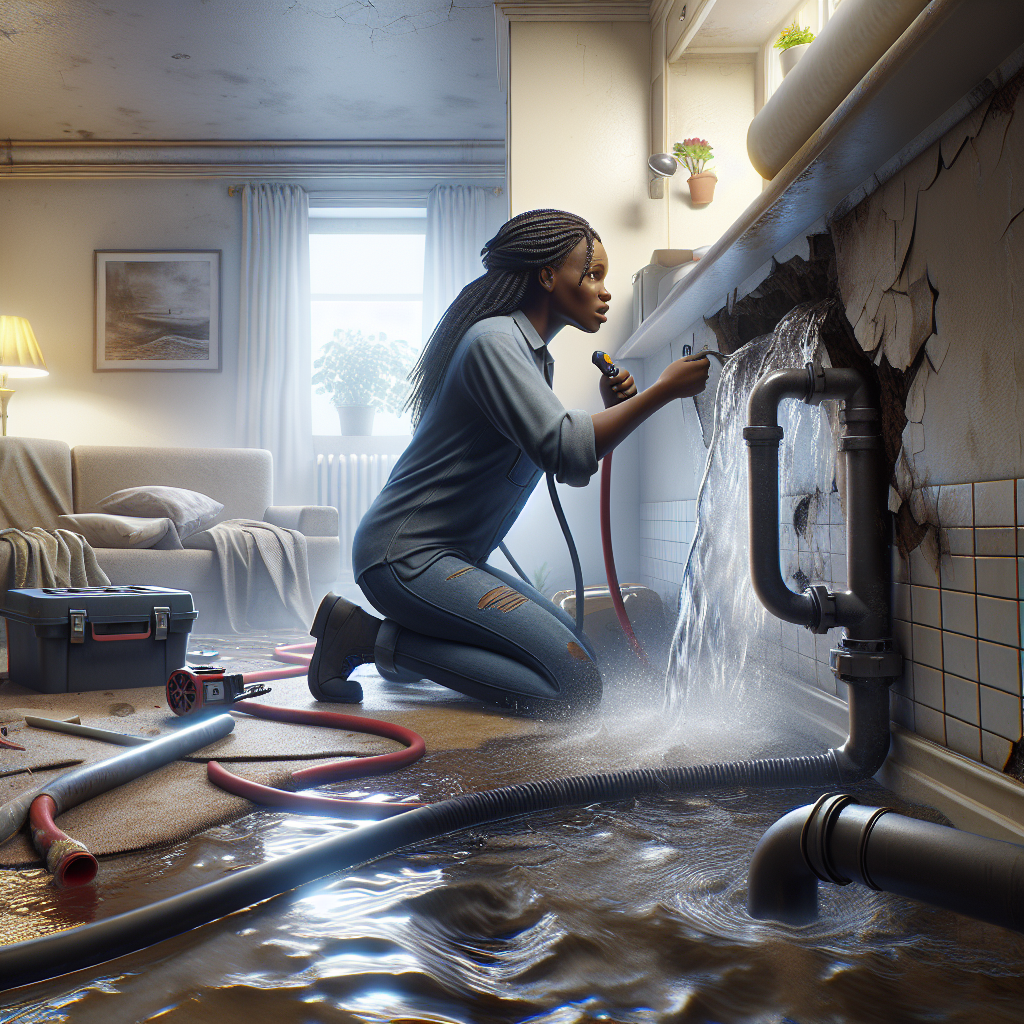 A plumber fixing a burst pipe in a home with water damage