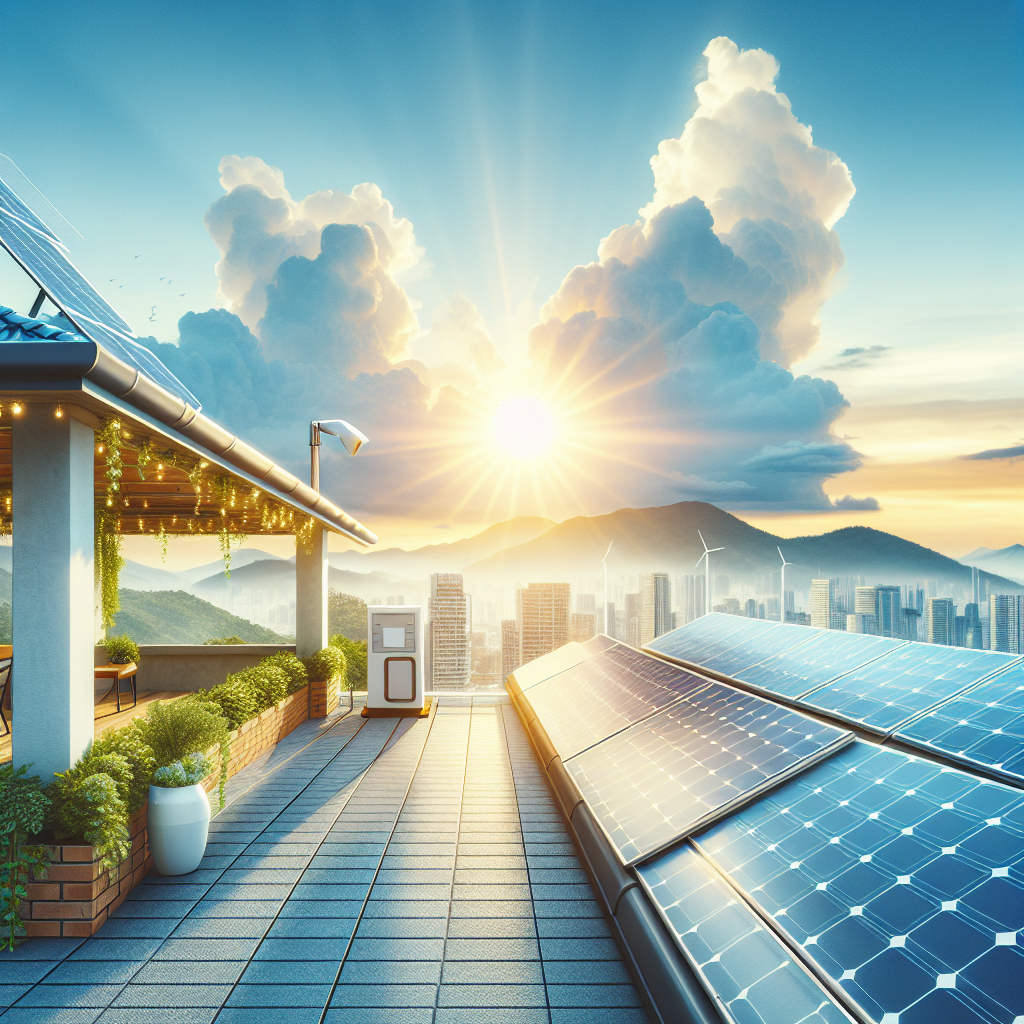 A bright and sunny rooftop with solar panels installed, showcasing a modern home with solar technology