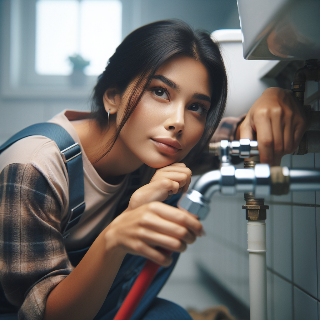 A plumber working on a leaking pipe in a modern bathroom