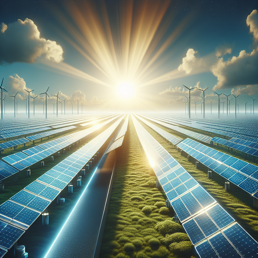 A futuristic solar farm with bifacial solar panels under a bright sun, showcasing energy efficiency and innovation