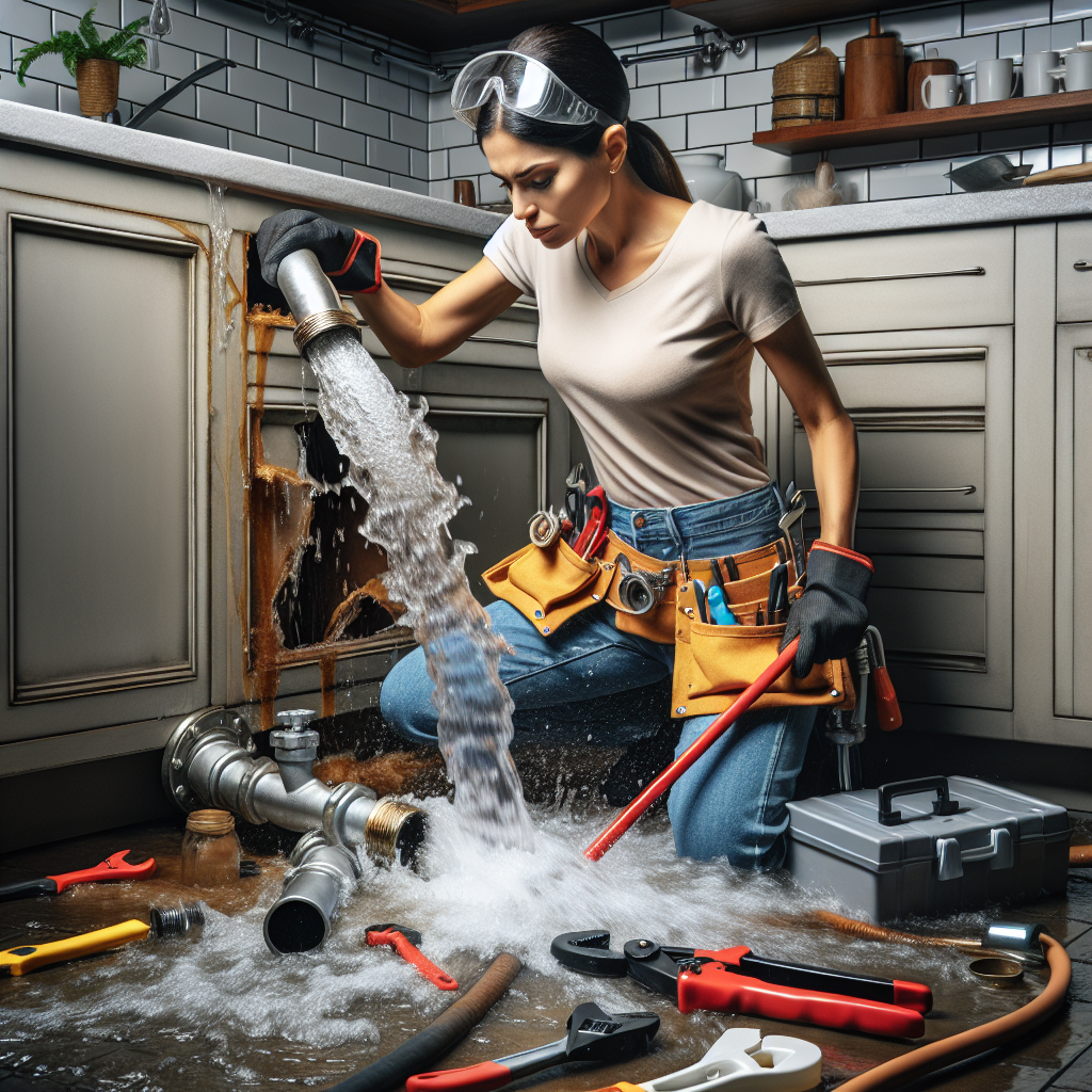 A plumber fixing a burst pipe in a modern kitchen during an emergency