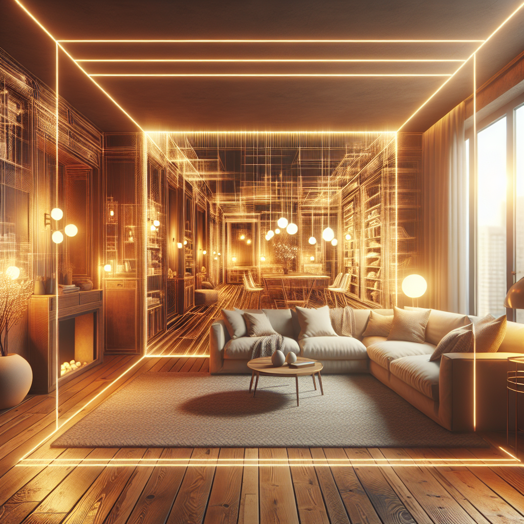 A cozy living room with warm floor heating visible under a stylish wooden floor