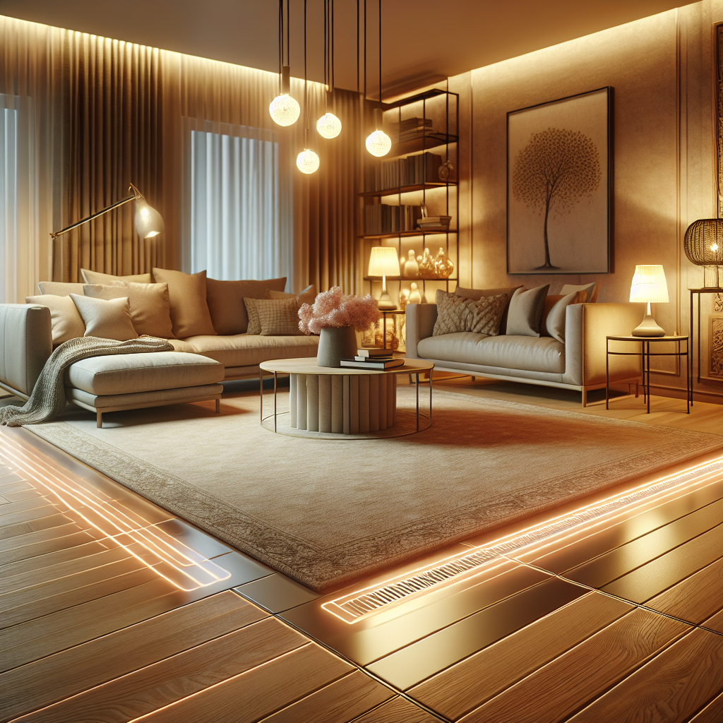 A cozy living room with a warm floor heating system visible under a stylish wooden floor