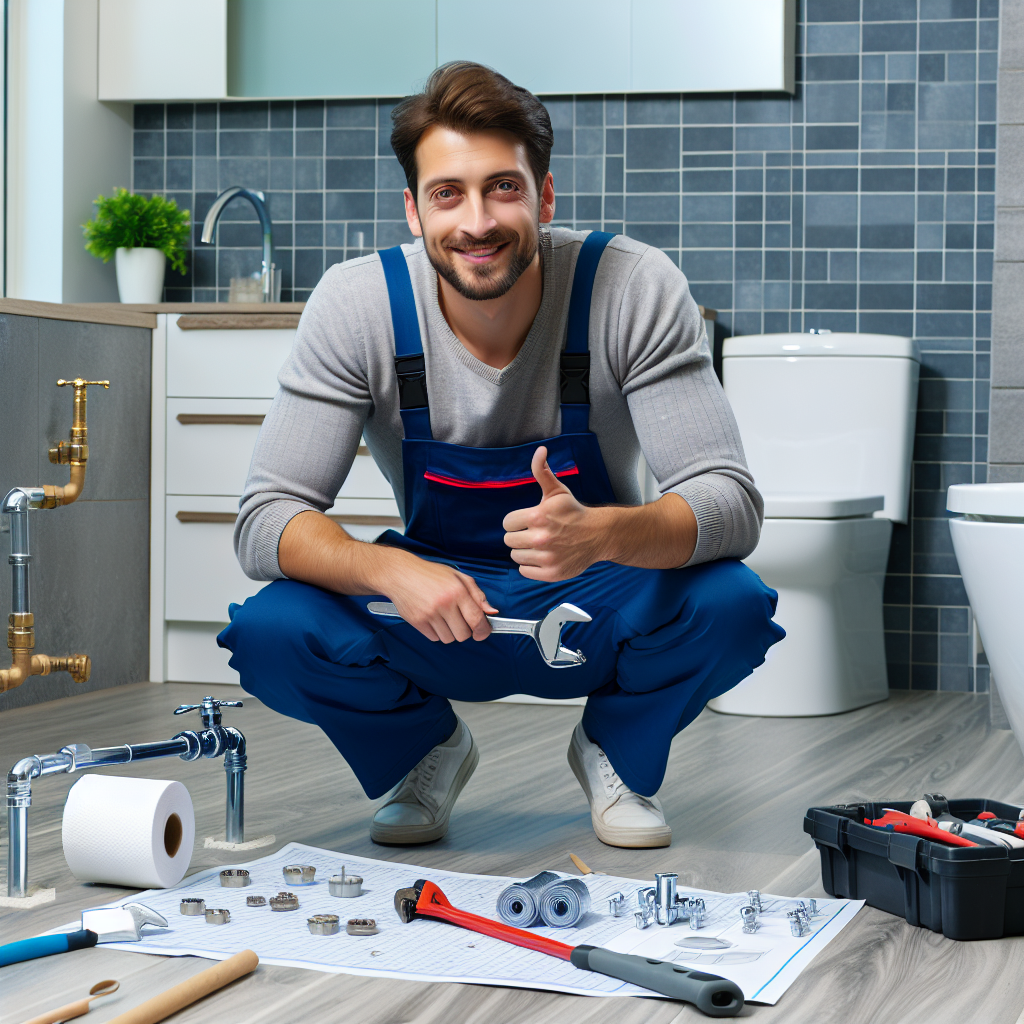 A friendly local plumber working on a modern bathroom installation with tools and materials around
