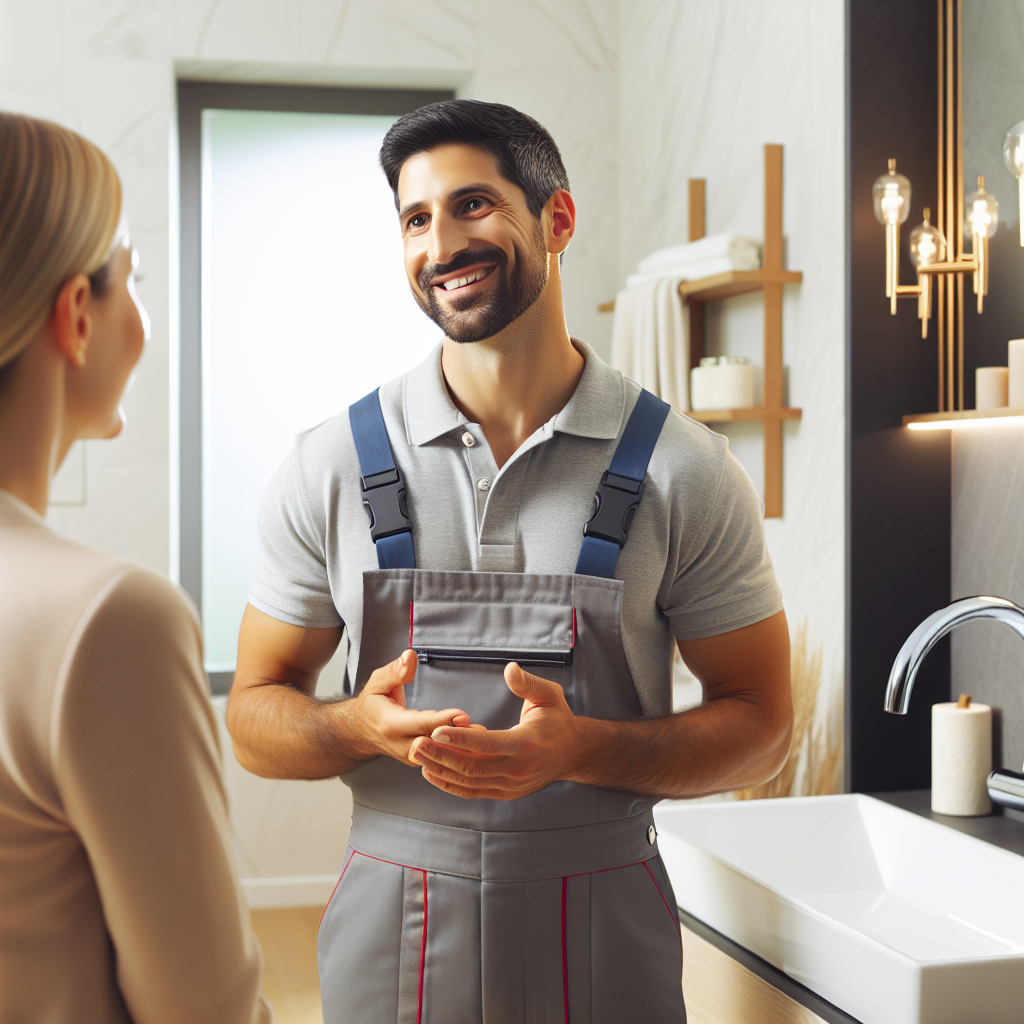 A friendly plumber discussing services with a customer in a modern bathroom setting