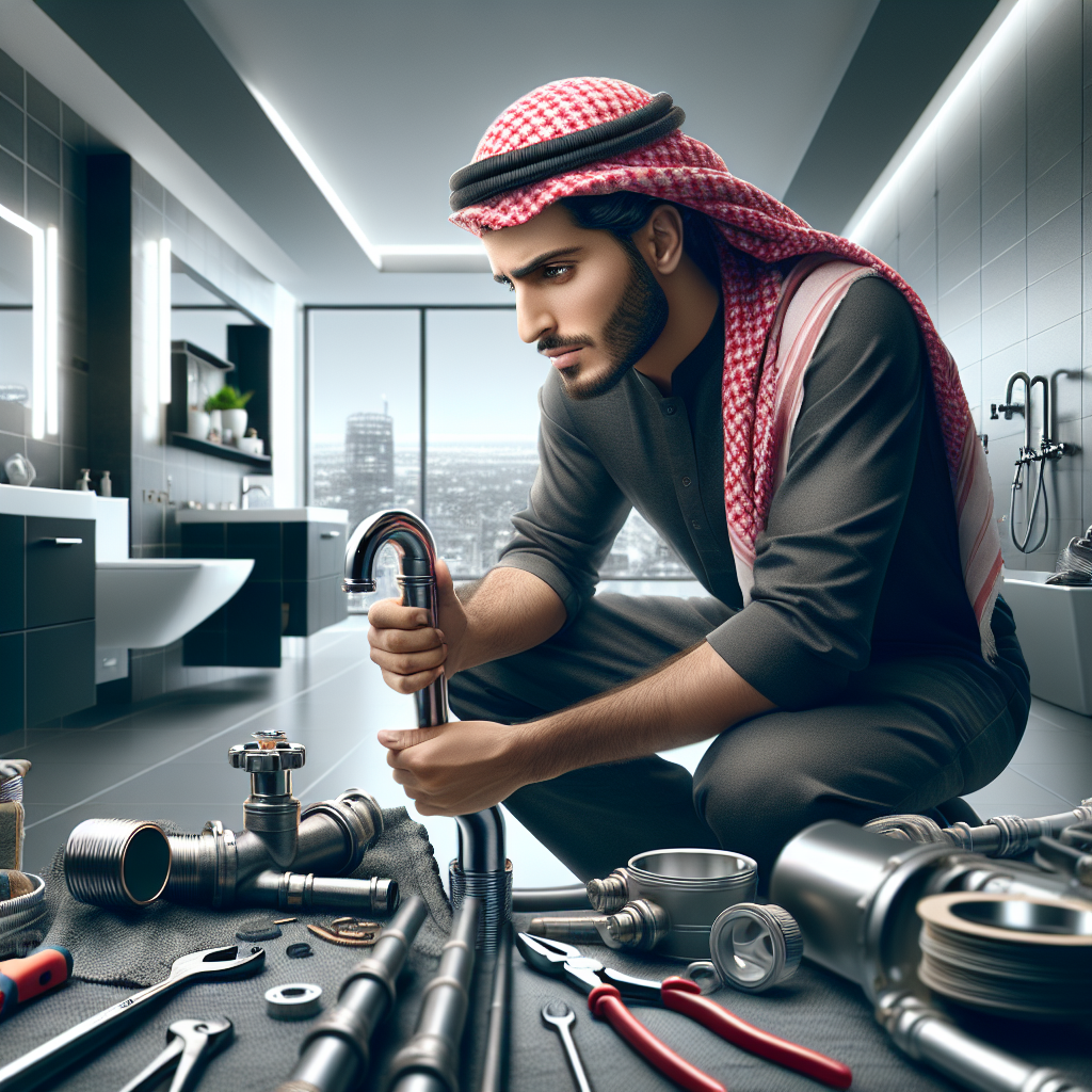 A professional plumber repairing a pipe in a modern bathroom with tools and equipment