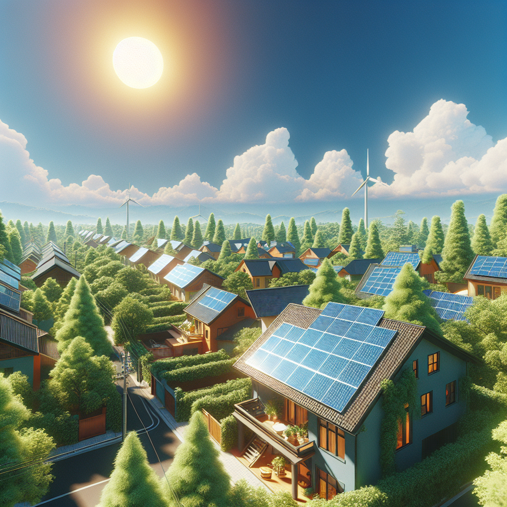 A sunny rooftop with solar panels installed on it, showcasing a vibrant neighborhood with green trees and blue sky