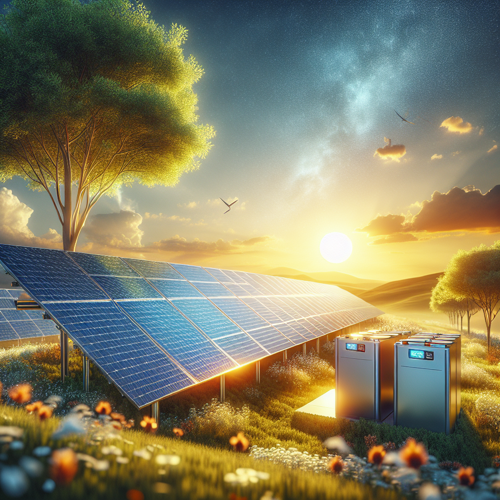 A modern solar panel installation with a battery storage system in a sunny landscape
