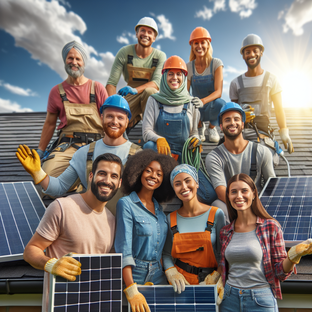 A friendly local solar panel installation team working on a roof under a sunny sky