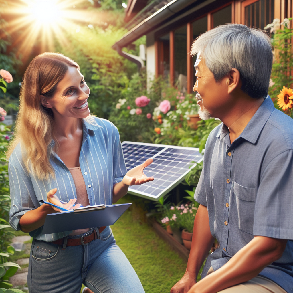 A friendly solar energy expert discussing photovoltaic systems with a homeowner in a sunny garden