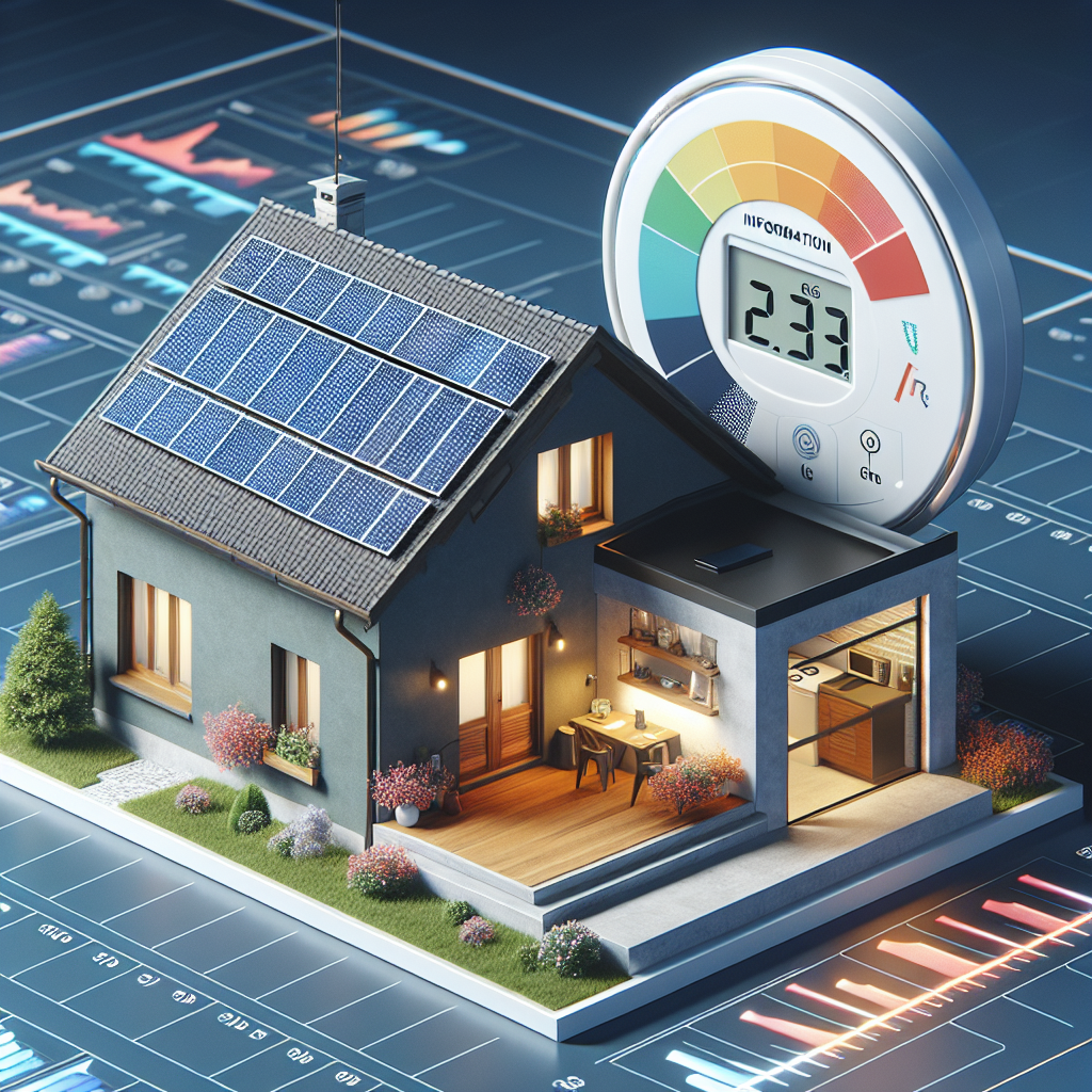 A modern household with solar panels on the roof and a smart meter showing energy consumption statistics