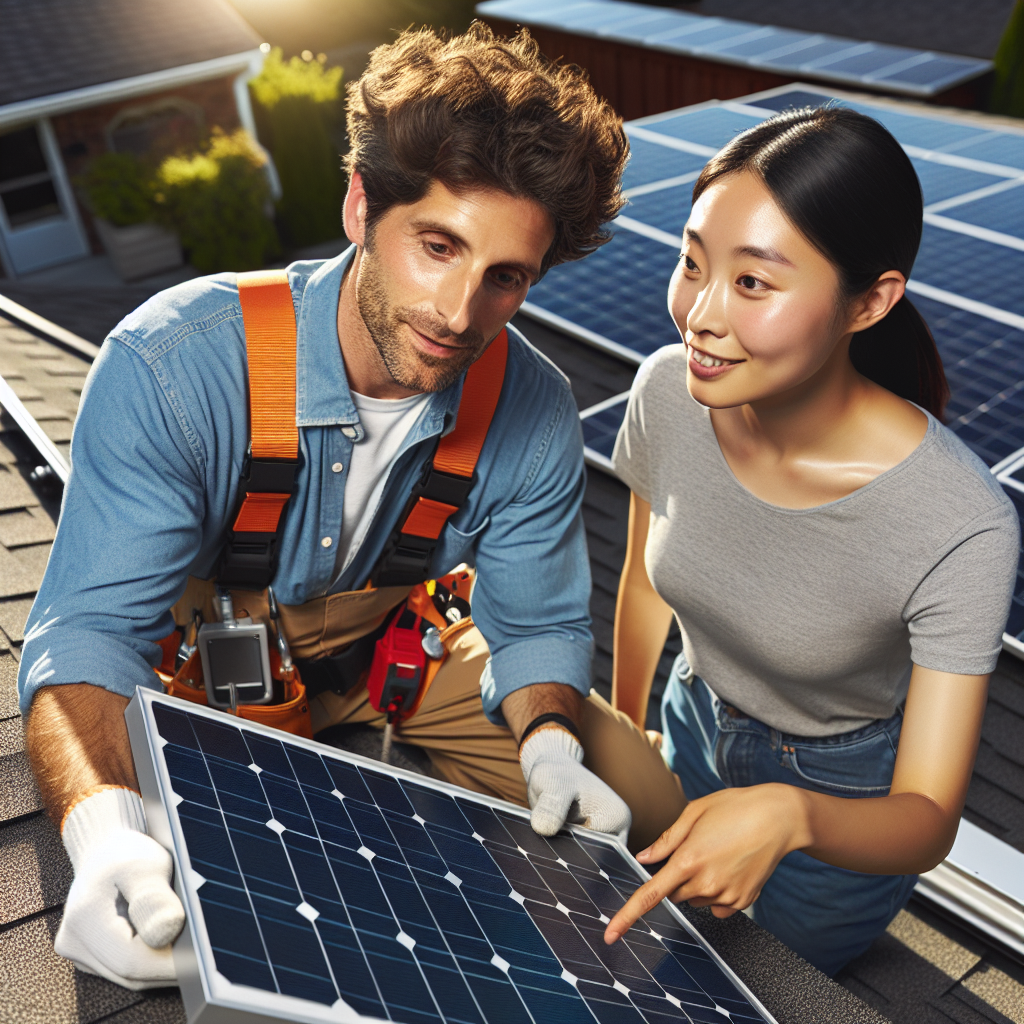 A solar panel installation on a residential roof with a technician discussing plans with the homeowner