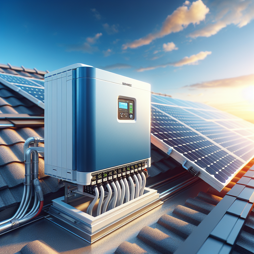A modern SolarEdge inverter installation on a rooftop with solar panels under a clear blue sky