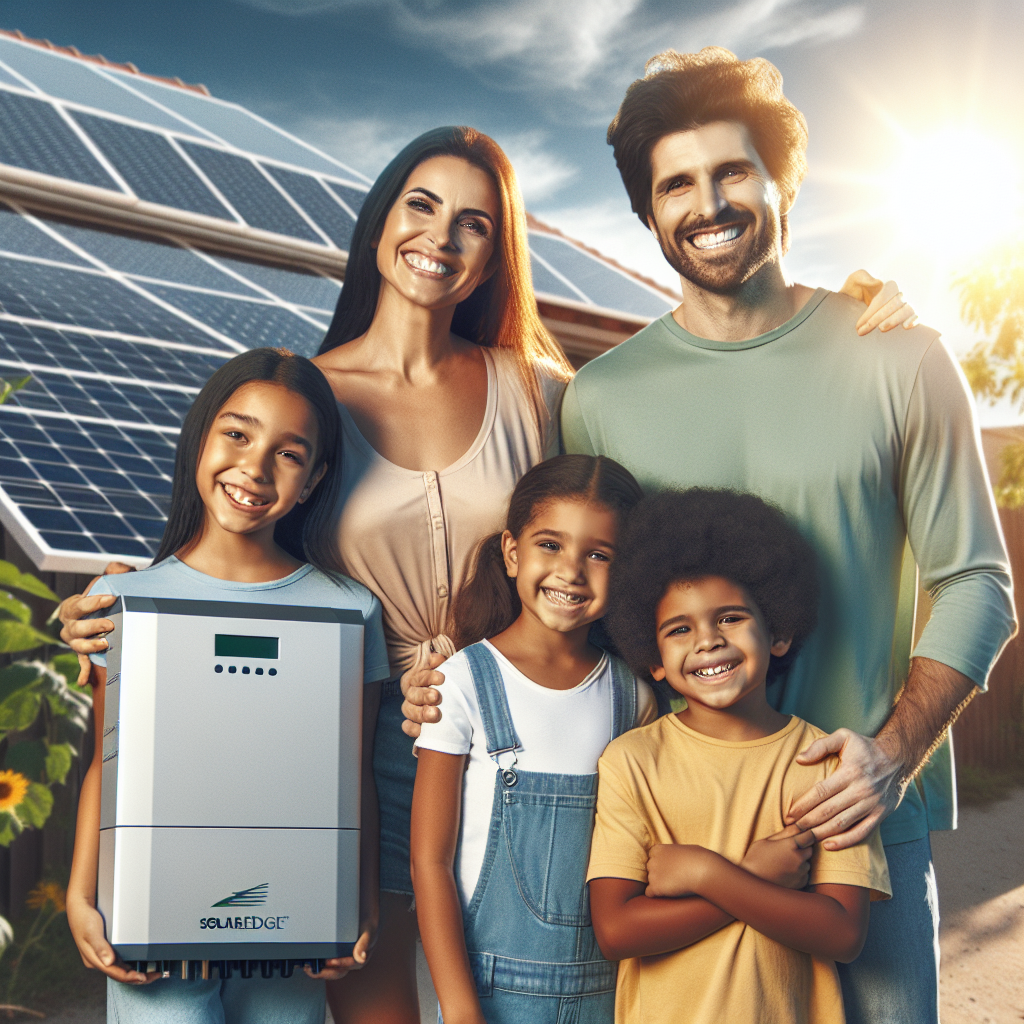 A happy family standing next to their solar panel installation with a SolarEdge inverter visible