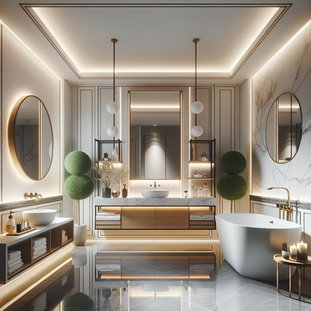 A modern virtual bathroom design studio with 3D rendering of a luxurious bathroom layout