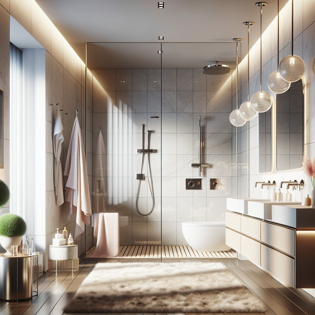 A modern bathroom design rendered in 3D visualization software showcasing various styles and color palettes.