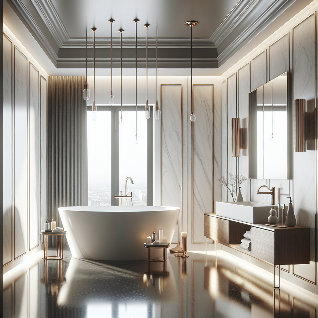 A luxurious modern bathroom with a freestanding bathtub and elegant fixtures