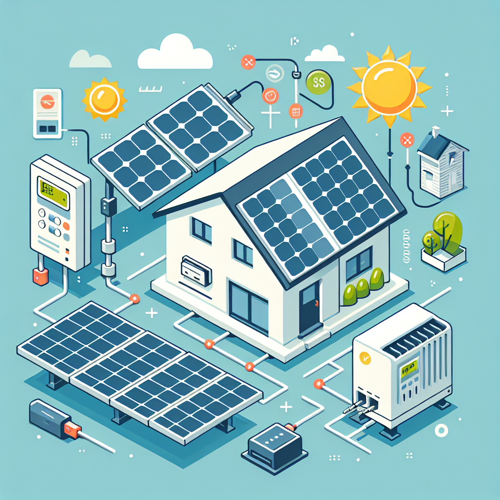A detailed illustration of a solar inverter connected to solar panels and a household power system