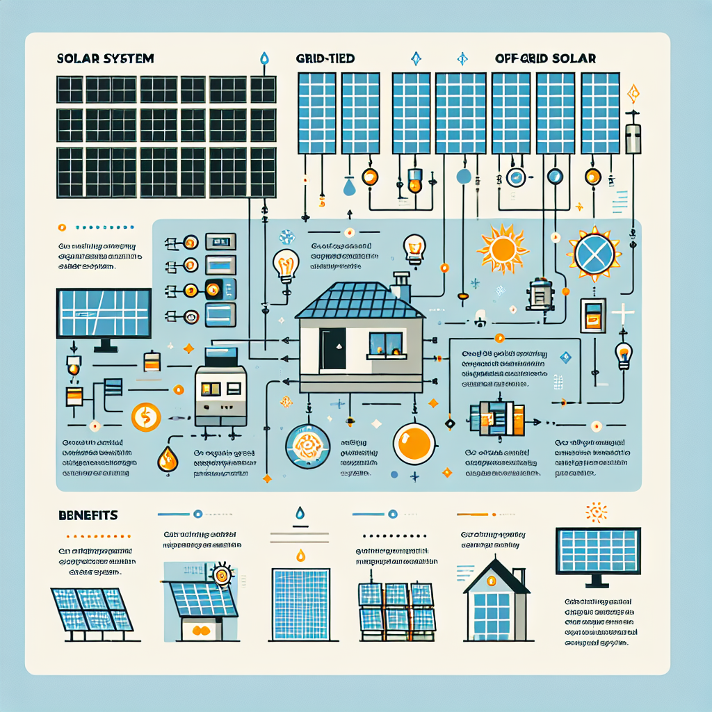 A visual comparison of grid-tied and off-grid solar systems, showcasing their components and benefits in a clear infographic style.