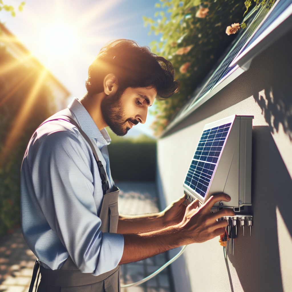 A skilled technician installing a solar inverter on a wall with a sunny outdoor background