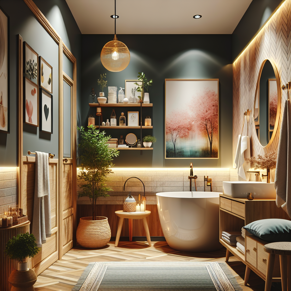 A beautifully modernized small bathroom with creative and budget-friendly design elements like colorful walls and clever lighting