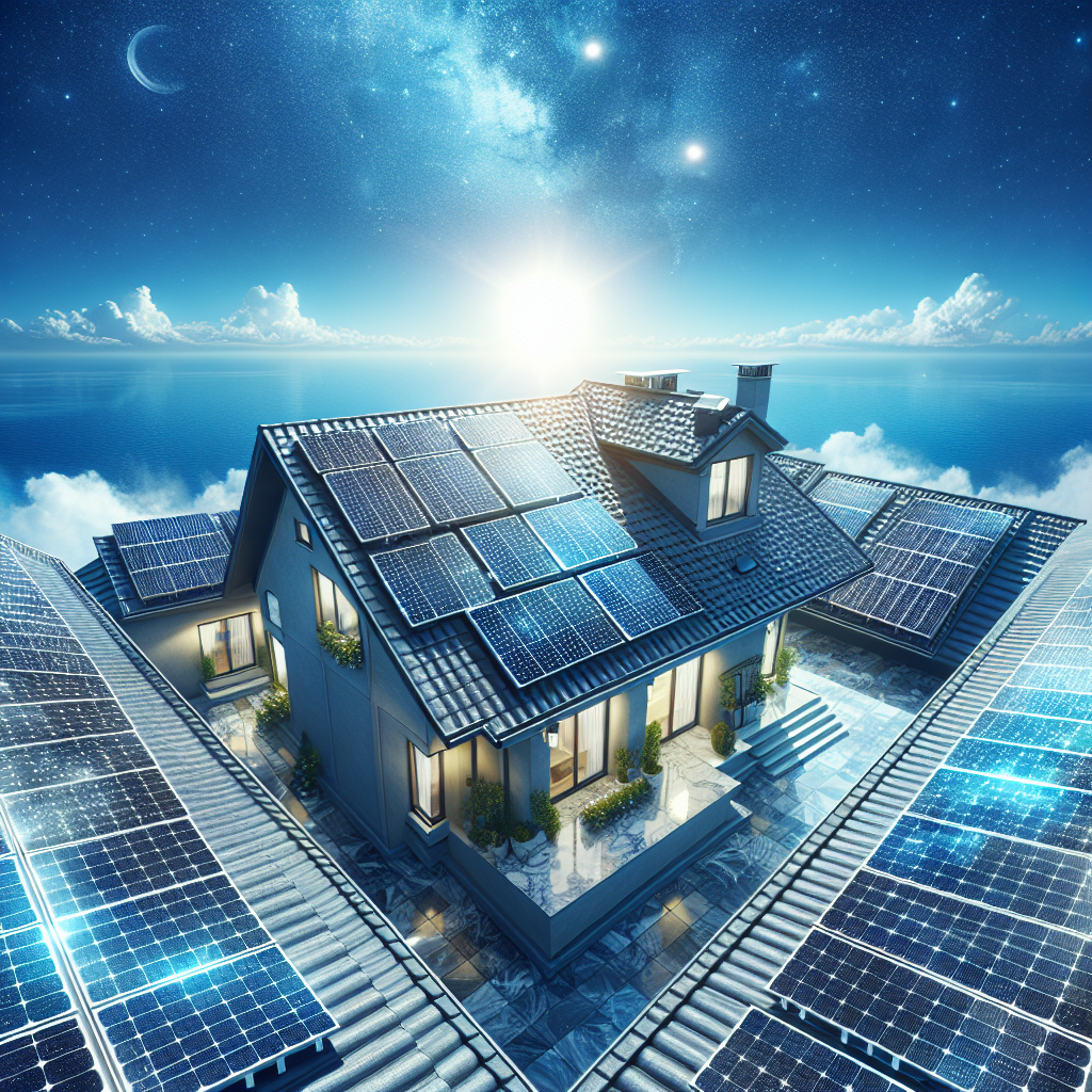 A beautiful solar panel installation on a residential rooftop under a clear blue sky