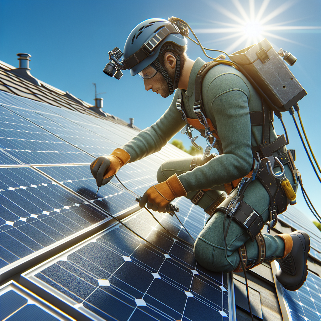 A professional installer mounting solar panels on a rooftop with safety gear, sunny day