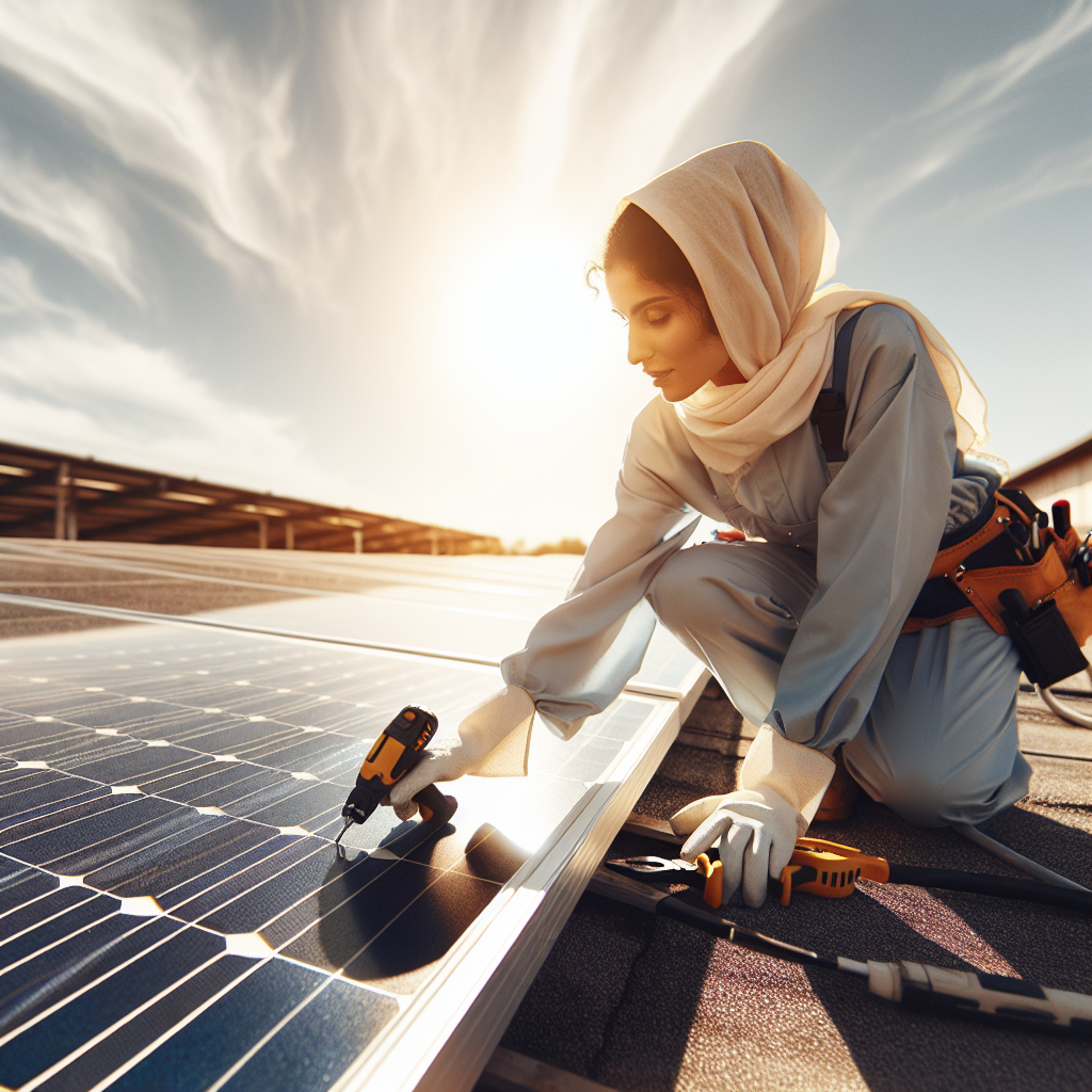 A technician performing maintenance on a solar panel system on a sunny rooftop